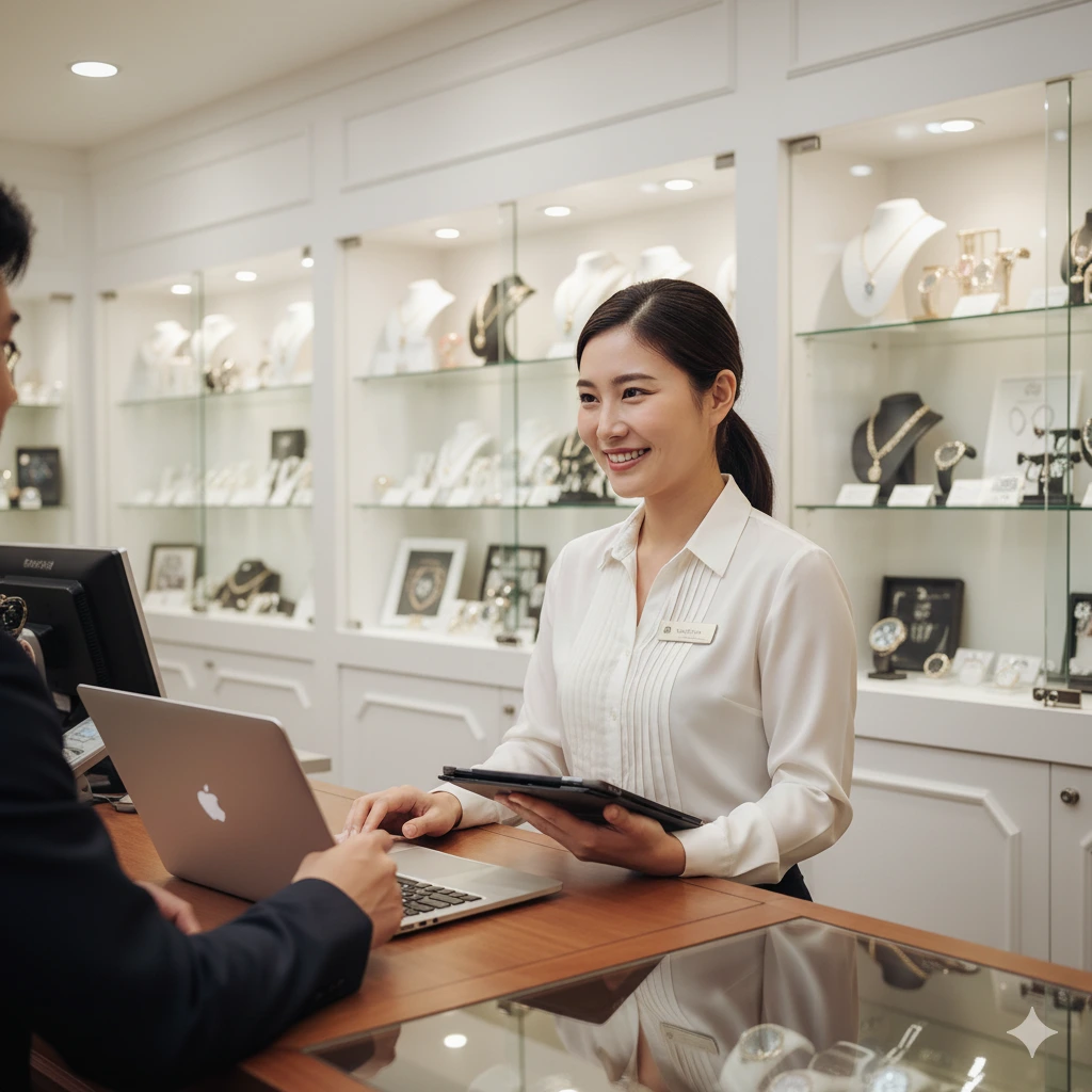 พนักงานร้านกำลังให้บริการรับฝาก MacBook และสินค้าแบรนด์เนม Money2Plus.com รับจำนำ ให้ราคาสูง ปลอดภัย ได้เงินทันที พญาไท